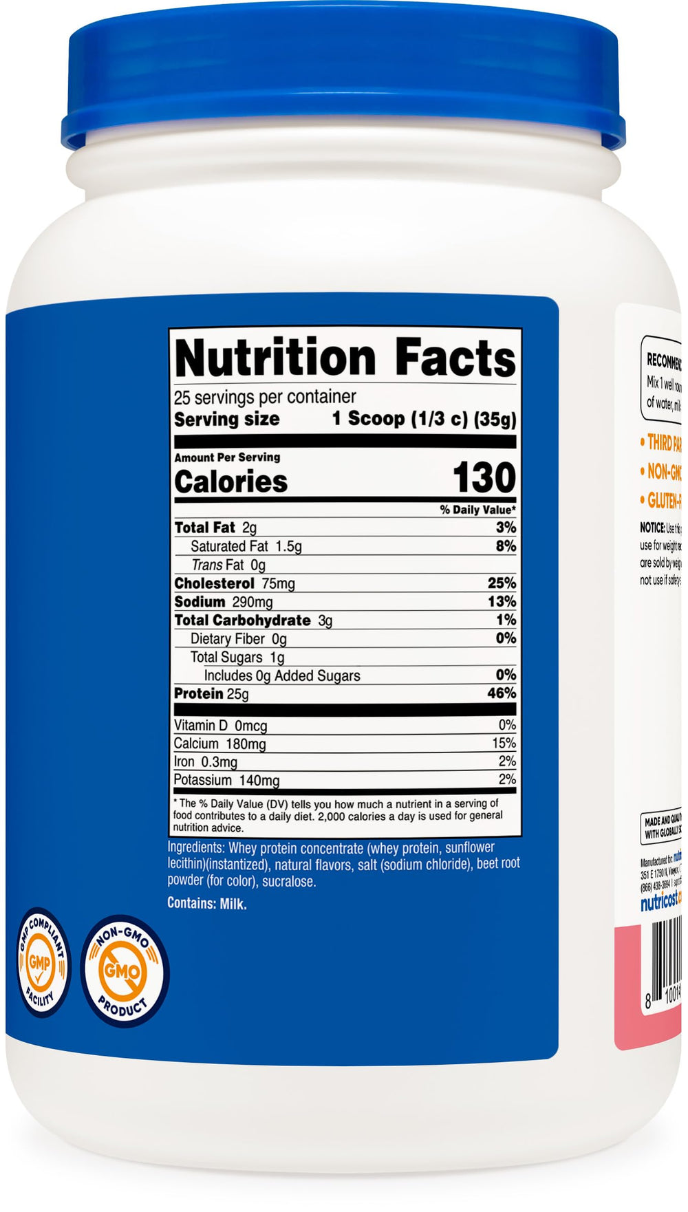 Nutricost whey protein concentrate Strawberry Milkshake tub, gluten-free and non-GMO assurance label