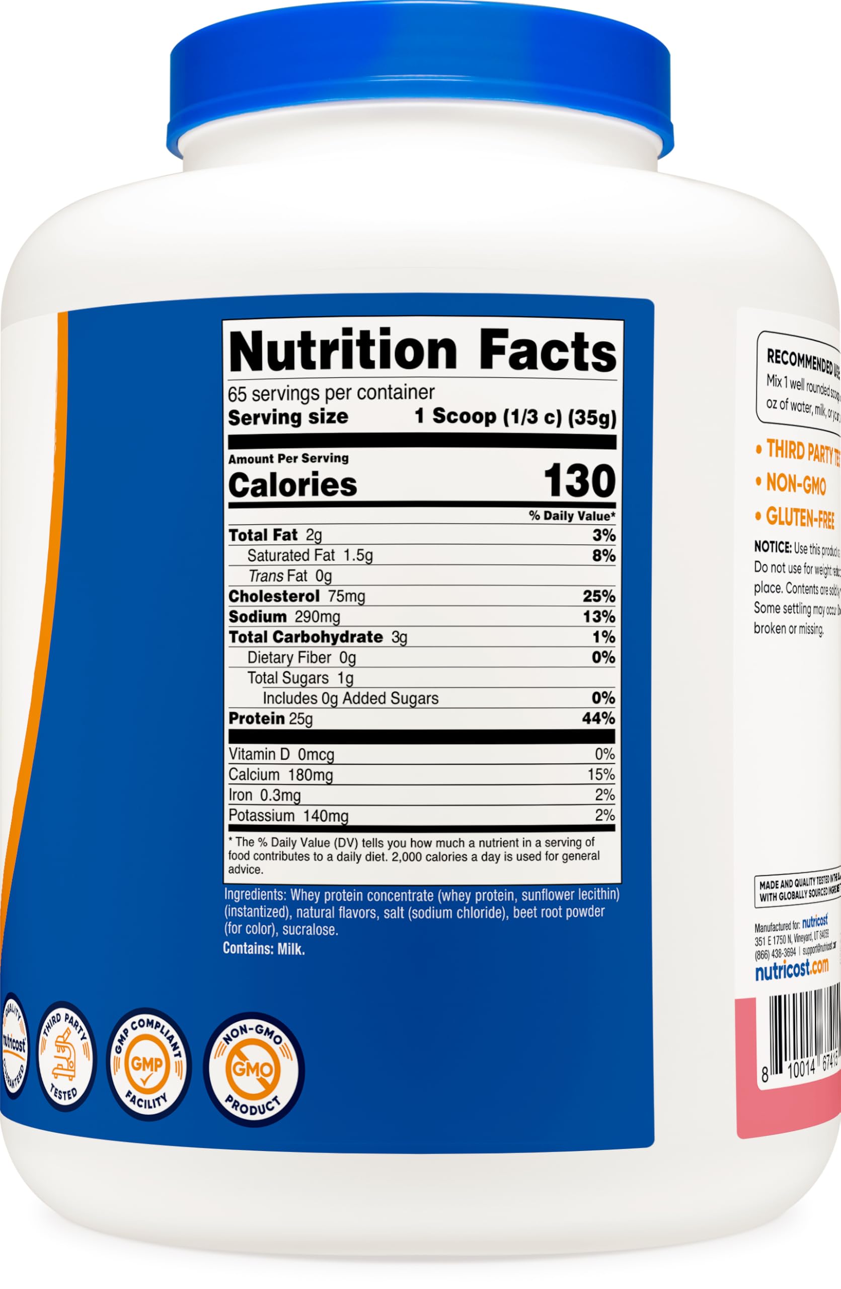 Nutricost whey protein concentrate strawberry milkshake ingredients panel shows protein content