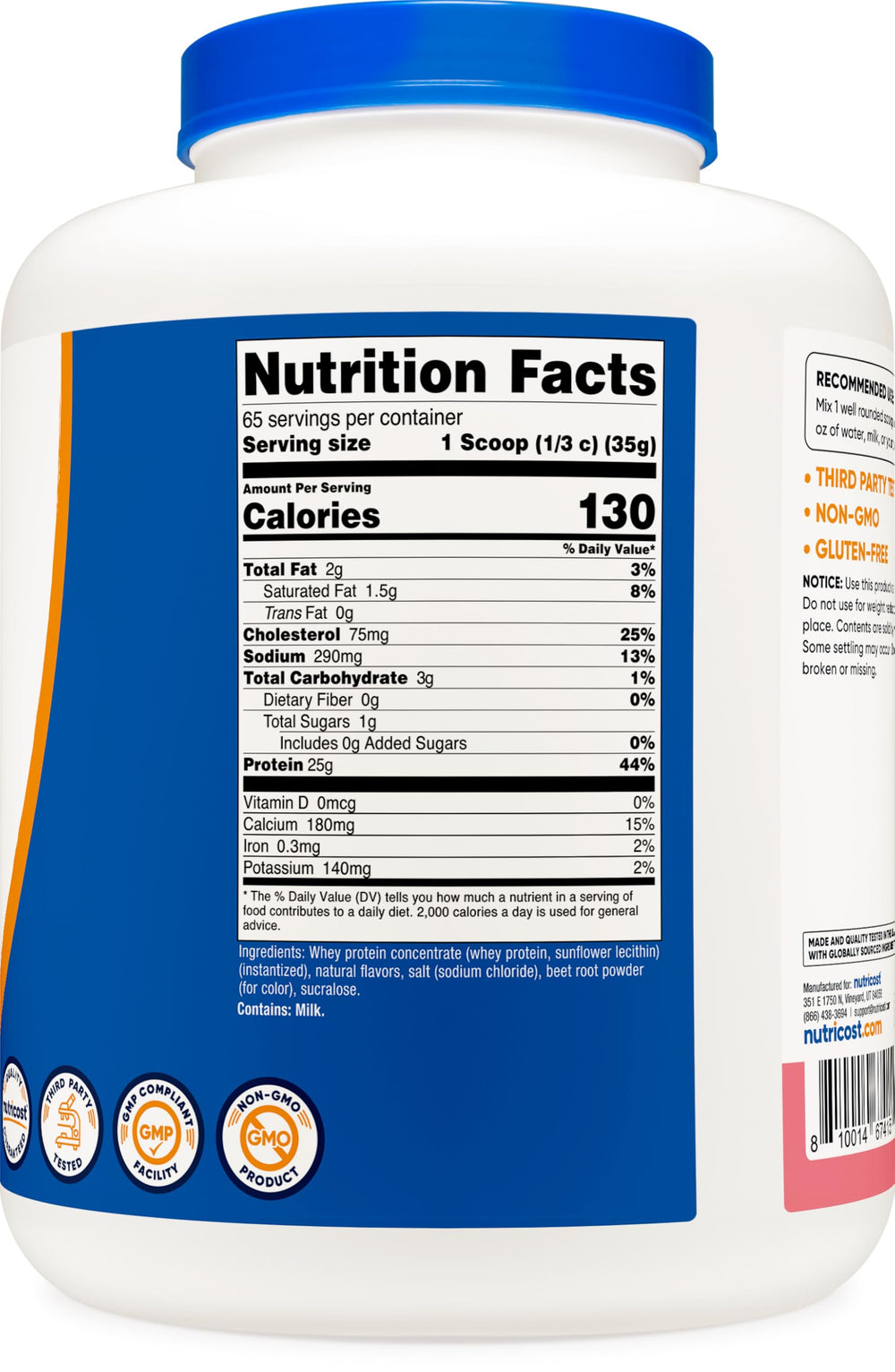Nutricost whey protein concentrate strawberry milkshake ingredients panel shows protein content