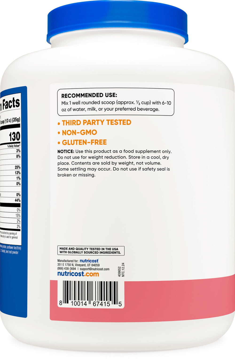 Nutricost whey protein concentrate strawberry milkshake label highlights allergen information