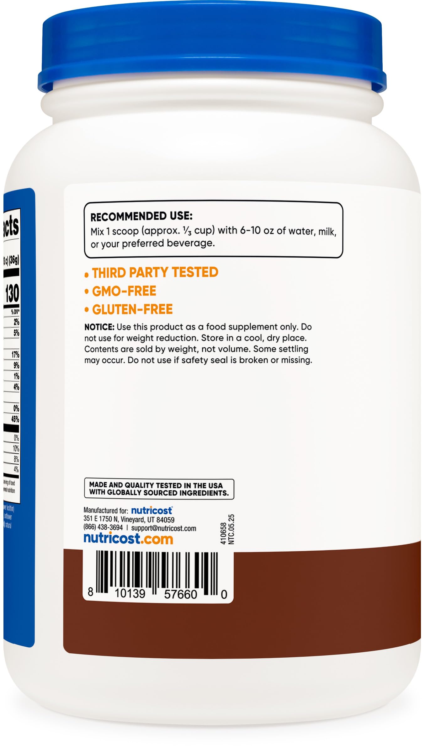 Nutricost whey protein hydrolysate chocolate serving scoop helps measure a 25 g portion.