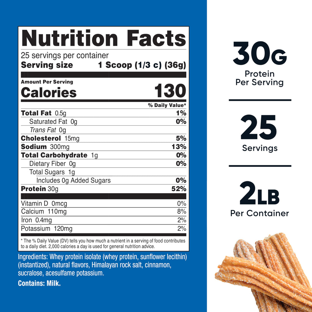 Nutricost churro flavored label emphasizes gluten free and GMO free formula.