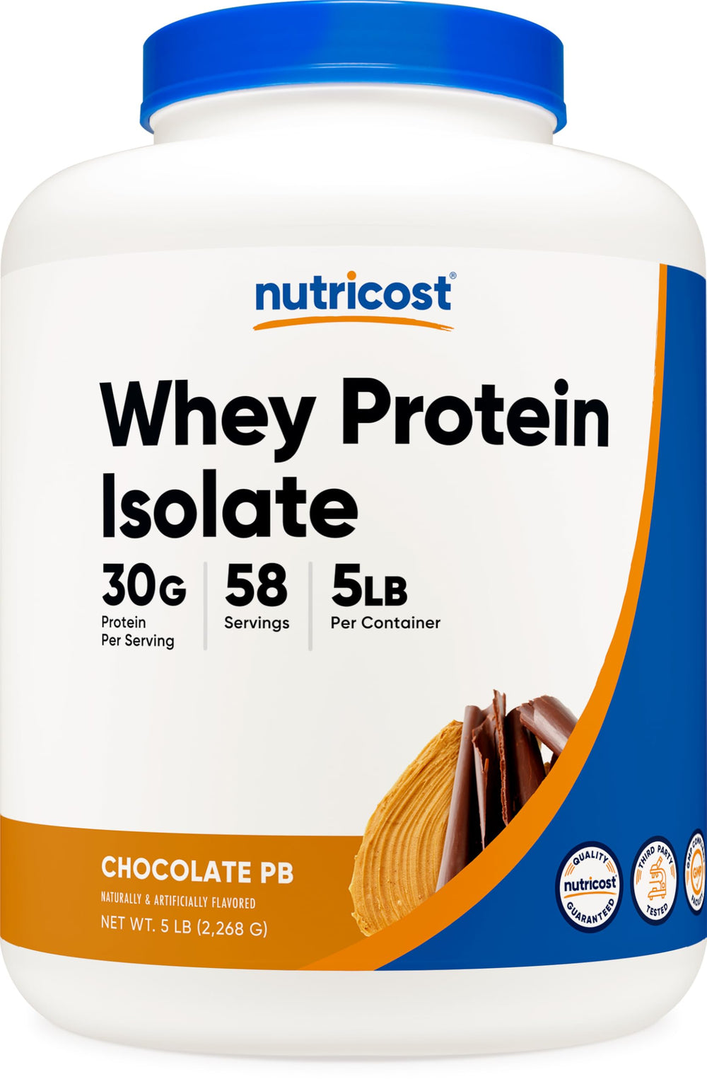 Nutricost Whey Protein Isolate chocolate peanut butter tub for post-workout fueling.