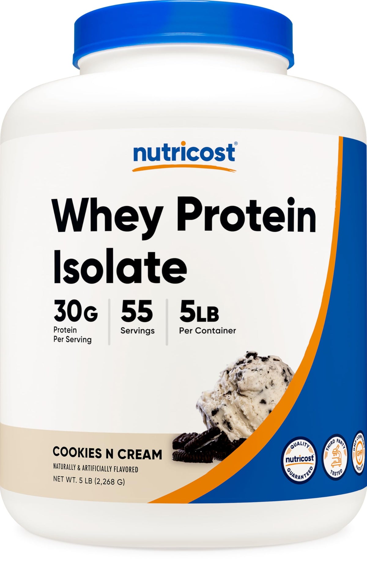 Nutricost Whey Protein Isolate Cookies N Cream jar highlighting high protein formula for recovery.