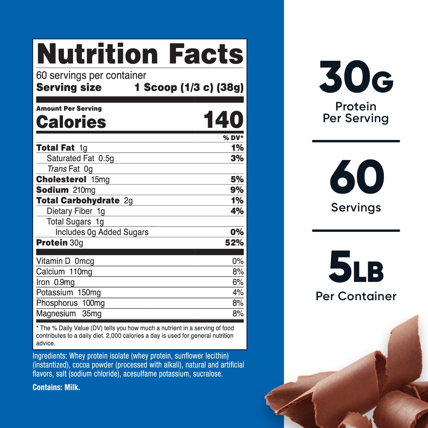 Nutricost Whey Protein Isolate Milk Chocolate label highlights protein per serving