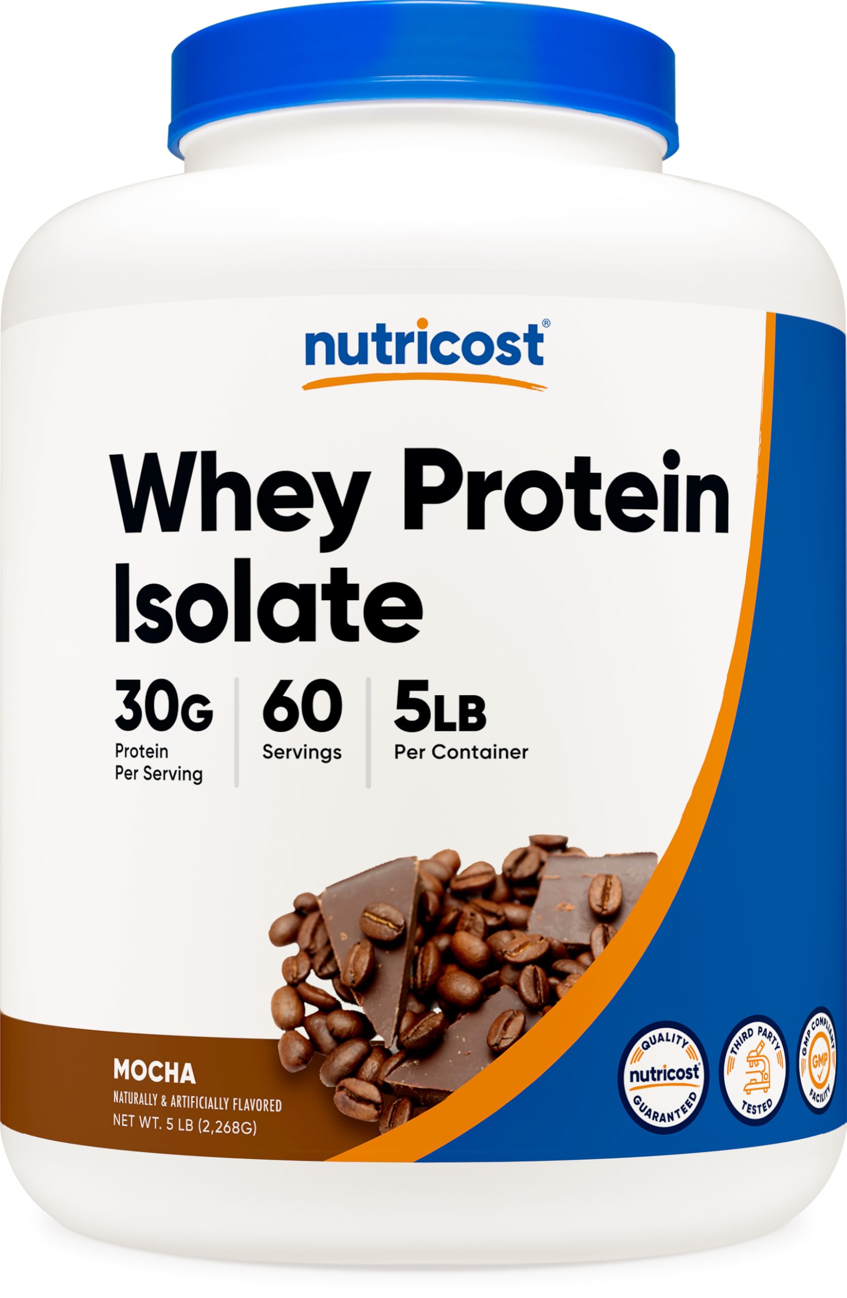 Nutricost Whey Protein Isolate Mocha 5lb container on kitchen counter for daily protein