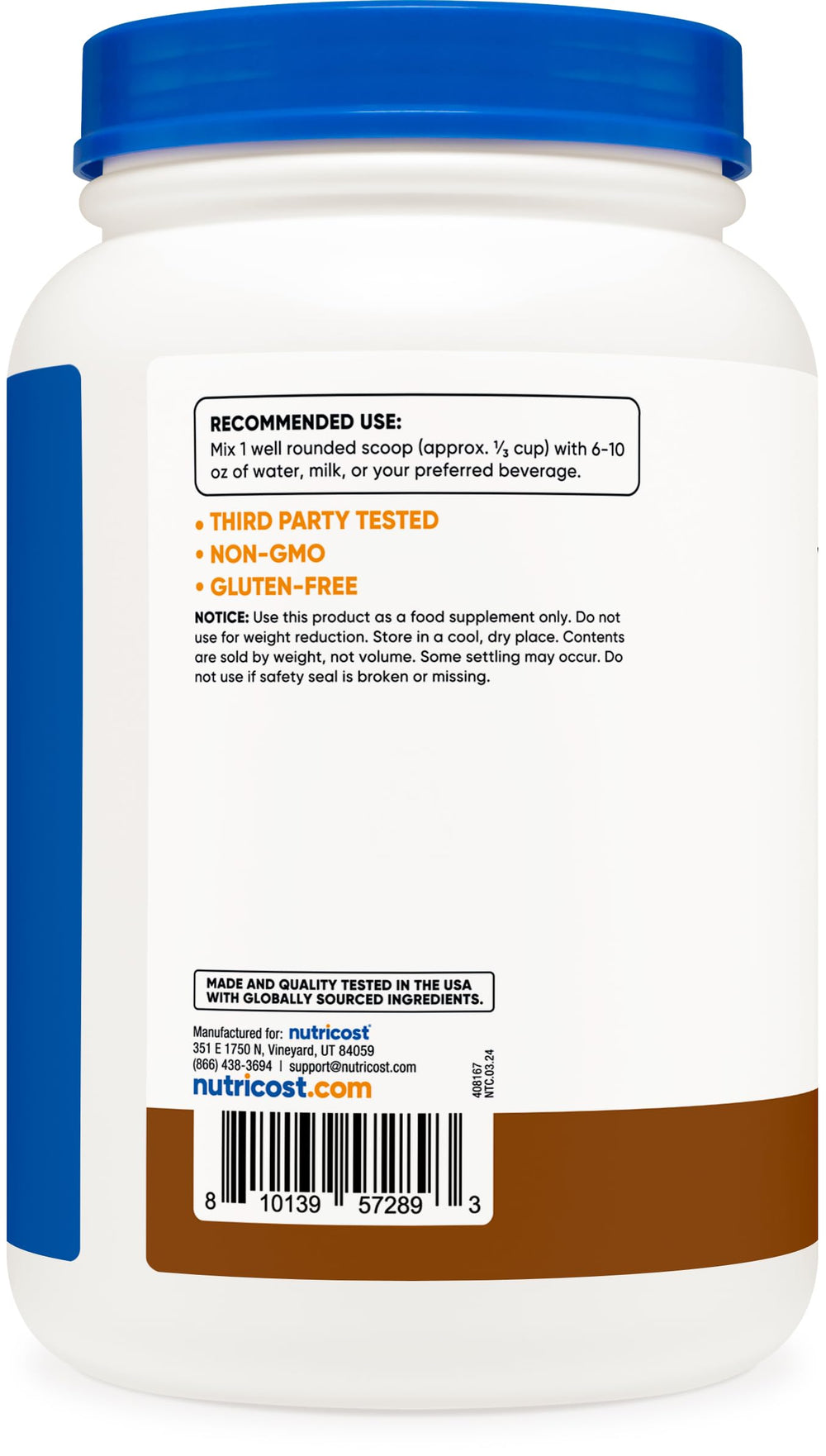Close-up of the Nutricost label on a bottle highlighting isolate formula.