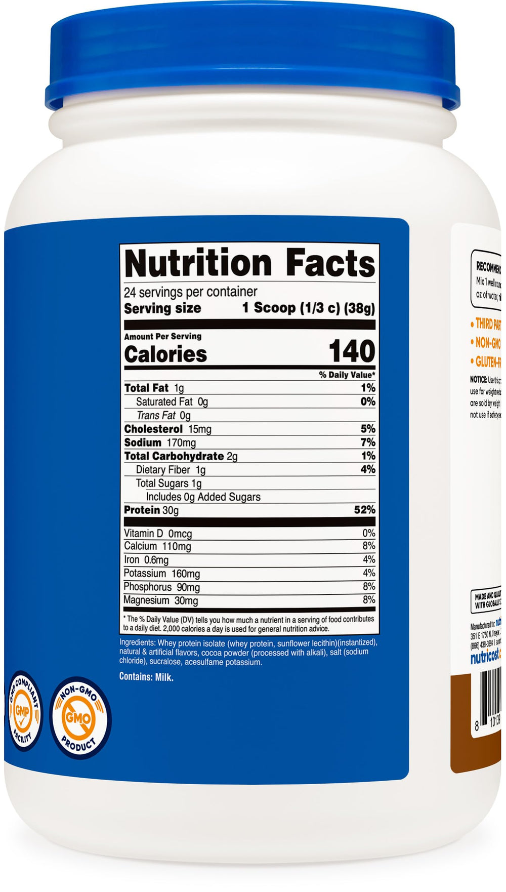 Ready-to-mix Nutricost Whey Protein Isolate Mocha on a kitchen counter.