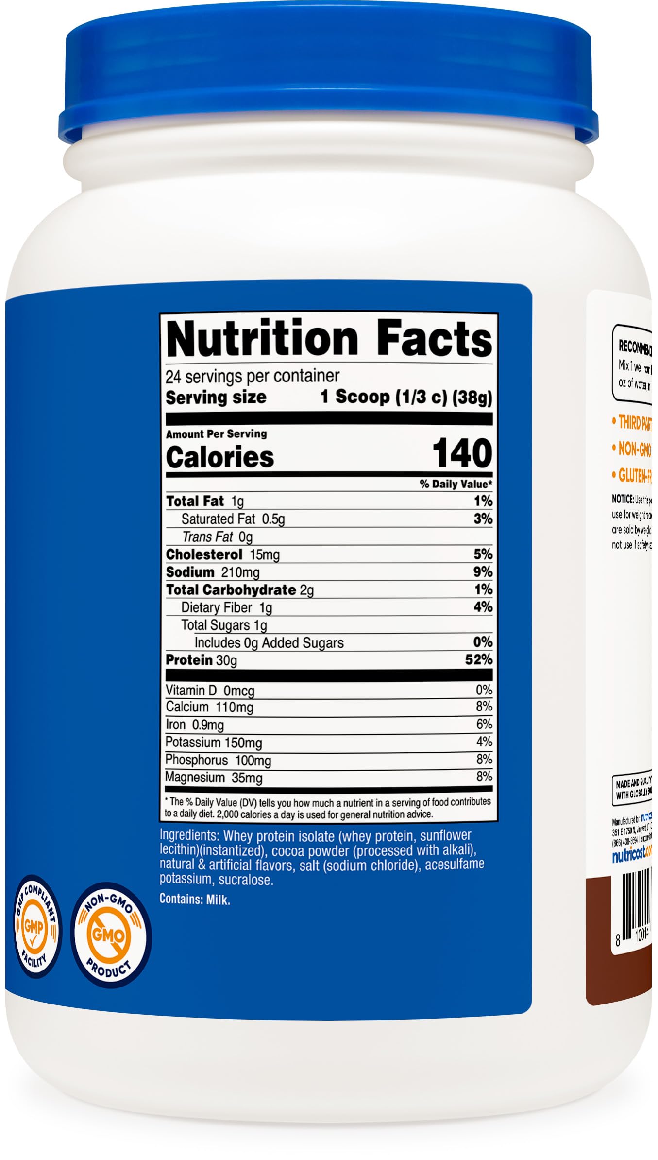 Nutrition facts panel on Nutricost whey protein isolate container