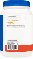 Nutricost Whey Protein Isolate tub label close-up emphasizing GMO-free and gluten-free