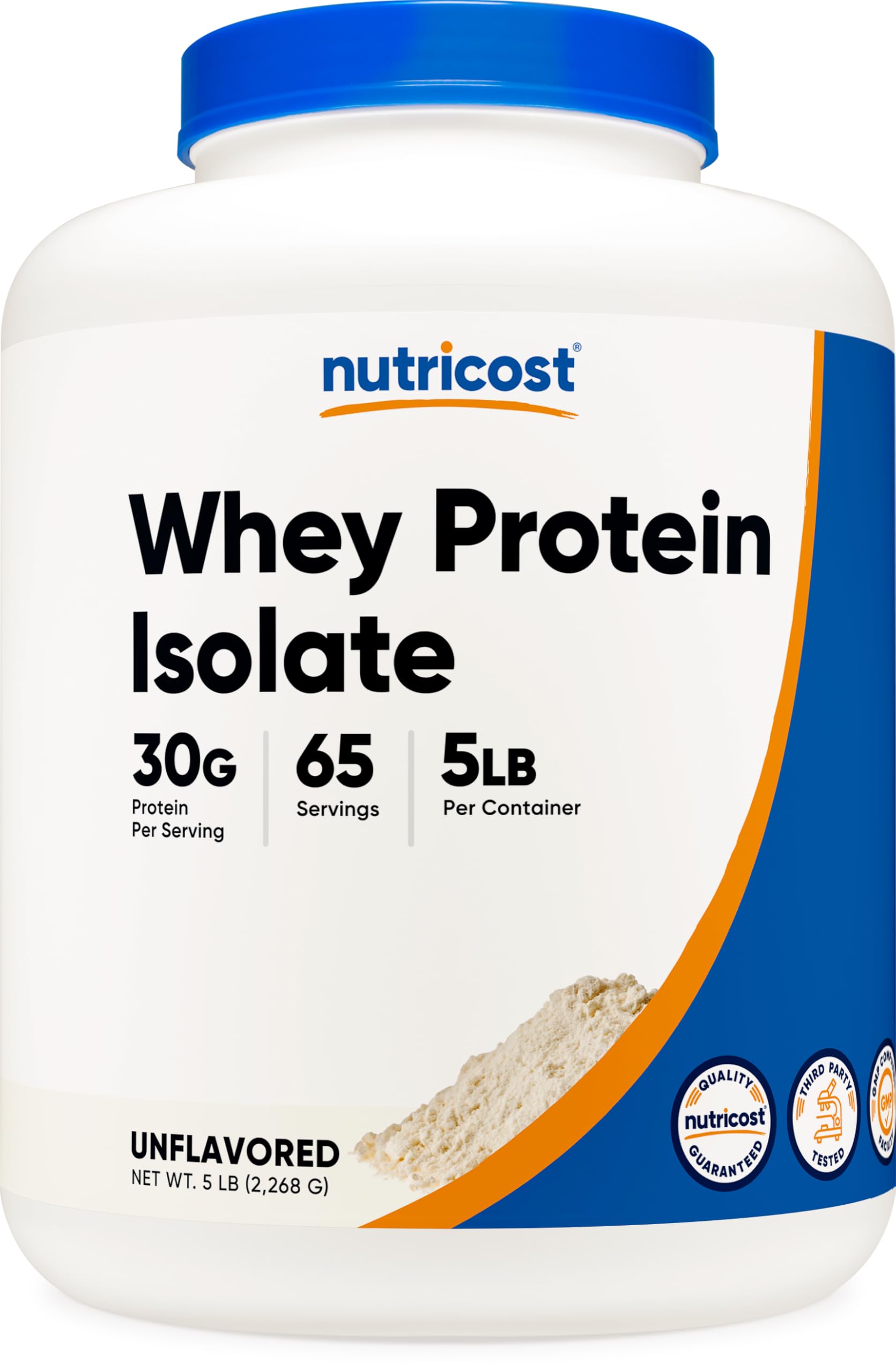 Nutricost Whey Protein Isolate bottle with unflavored powder for versatile shakes and recipes.