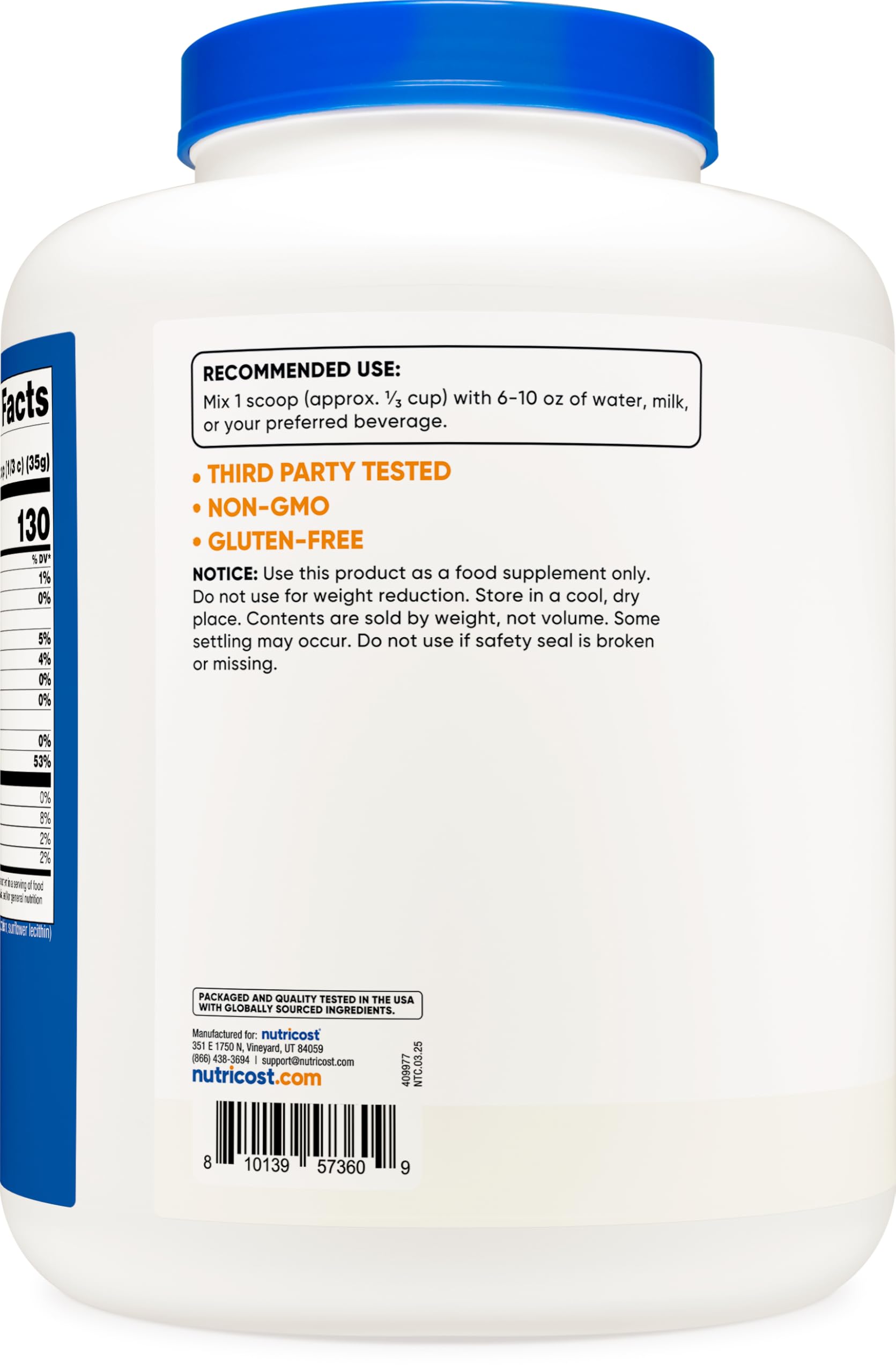 Label highlights non-GMO and gluten-free formula from Nutricost.