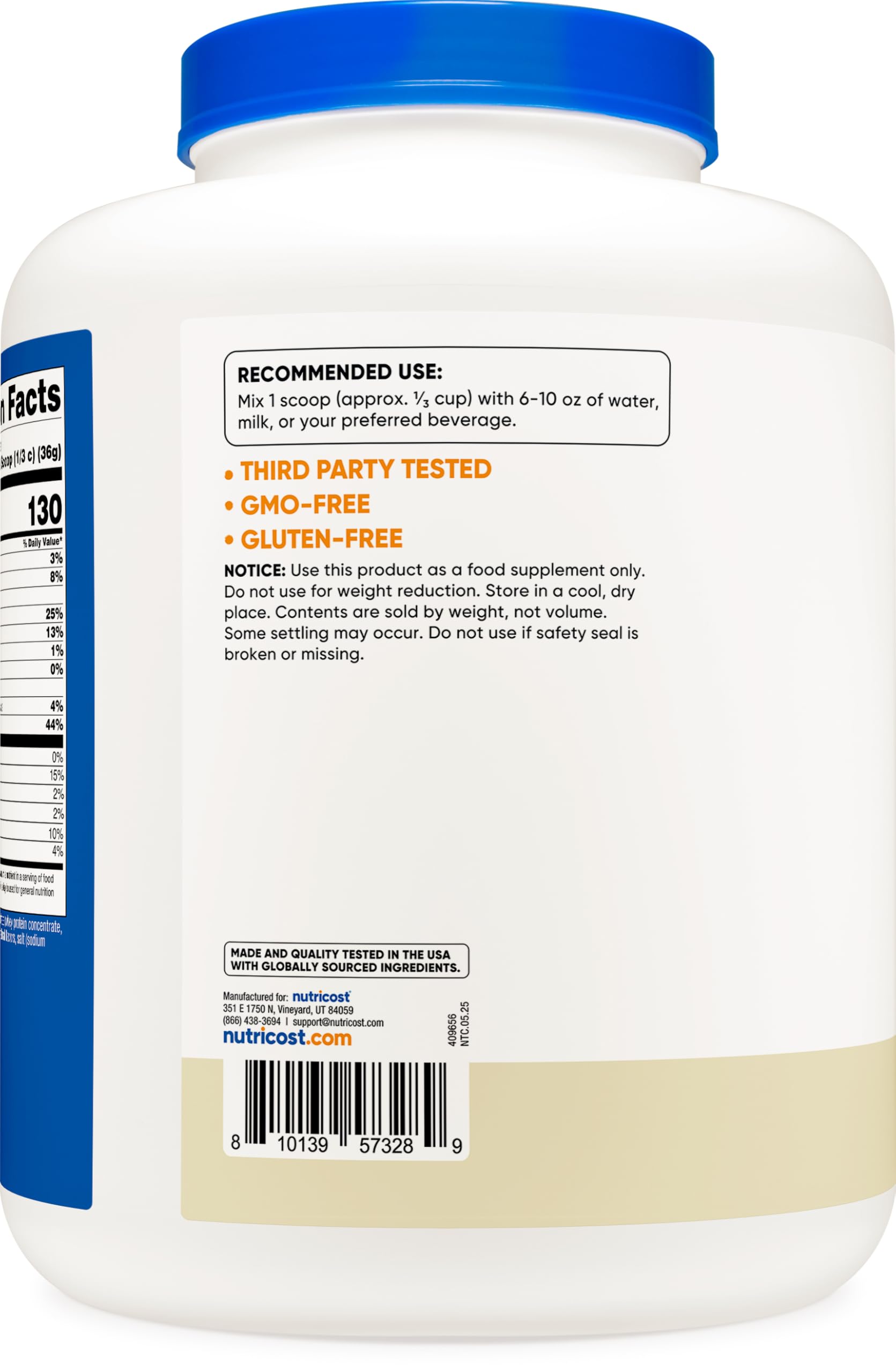 Nutricost 5-lb vanilla whey protein package close-up label.