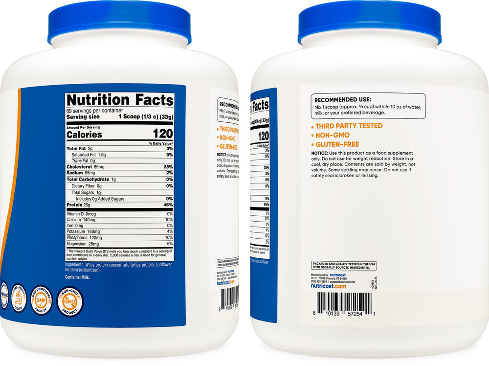 Nutricost whey protein unflavored container shown on kitchen counter.