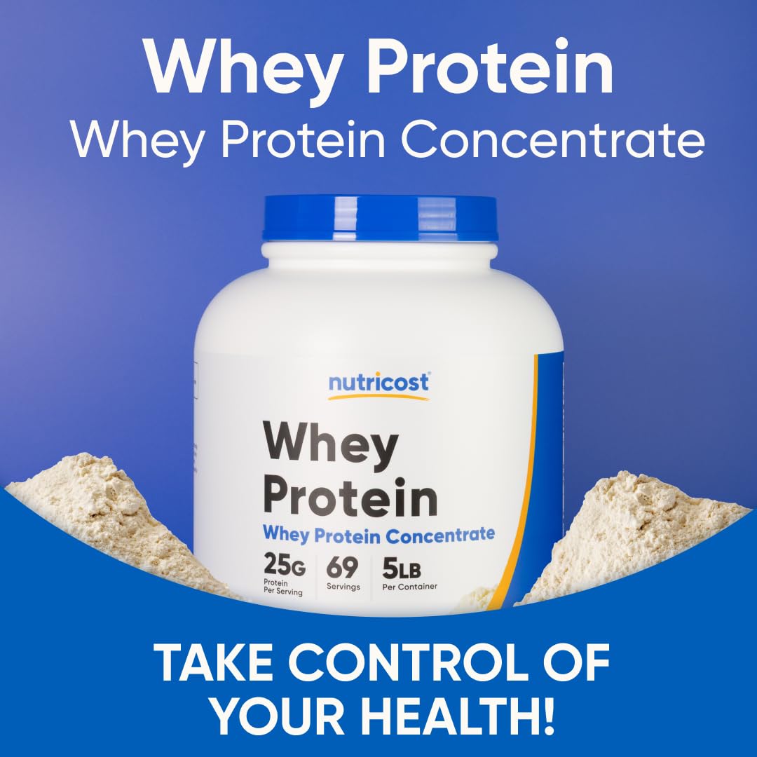 Nutricost whey protein unflavored scoop beside powder for measuring.
