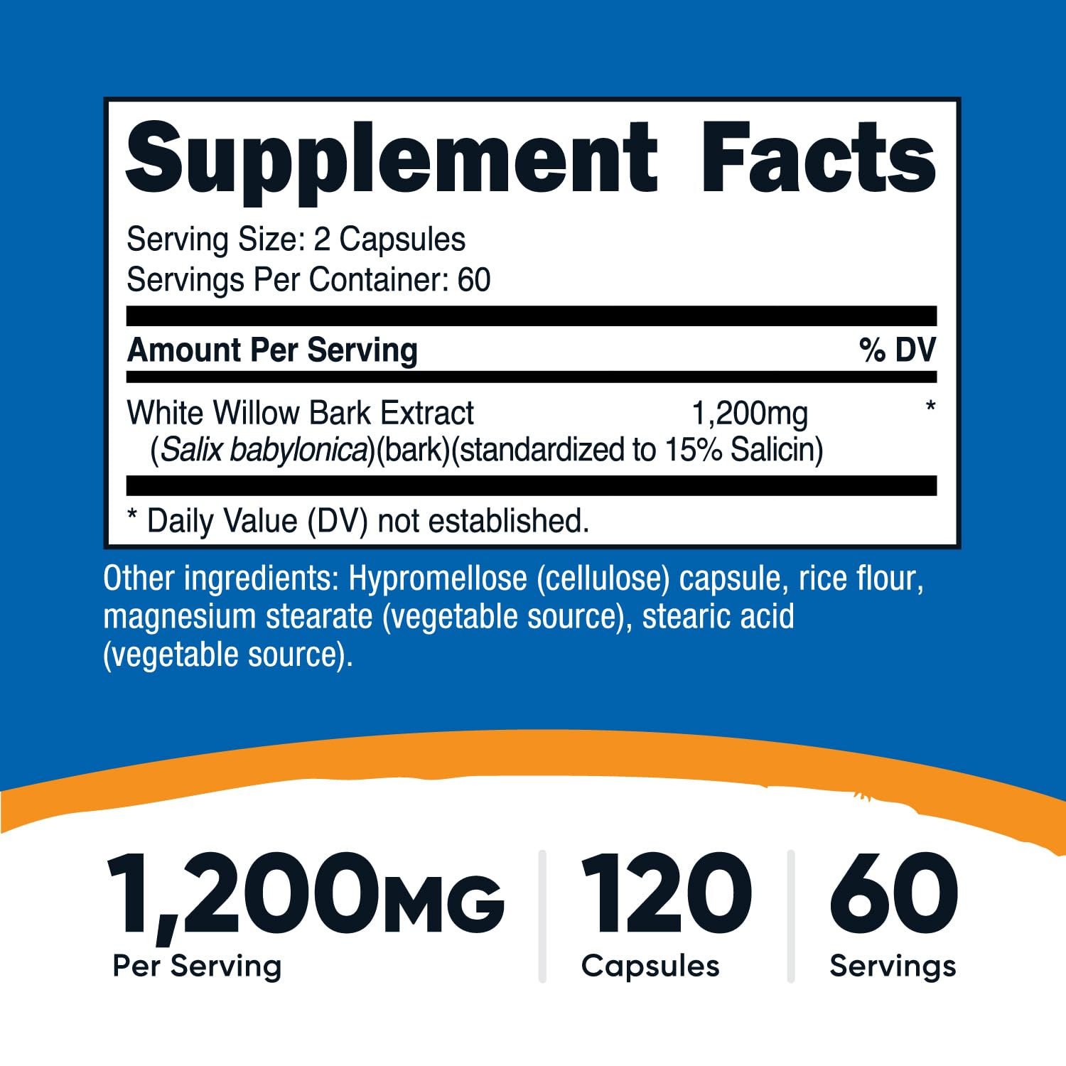 Nutricost White Willow Bark capsules close-up highlighting 1200 mg per serving.