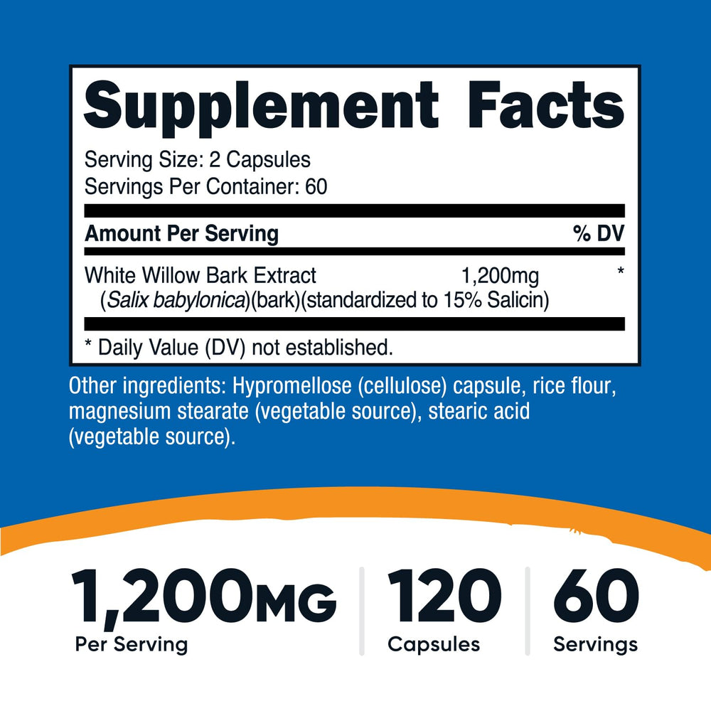 Nutricost White Willow Bark capsules close-up highlighting 1200 mg per serving.