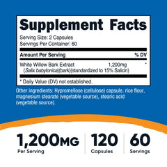 Nutricost White Willow Bark capsules close-up highlighting 1200 mg per serving.