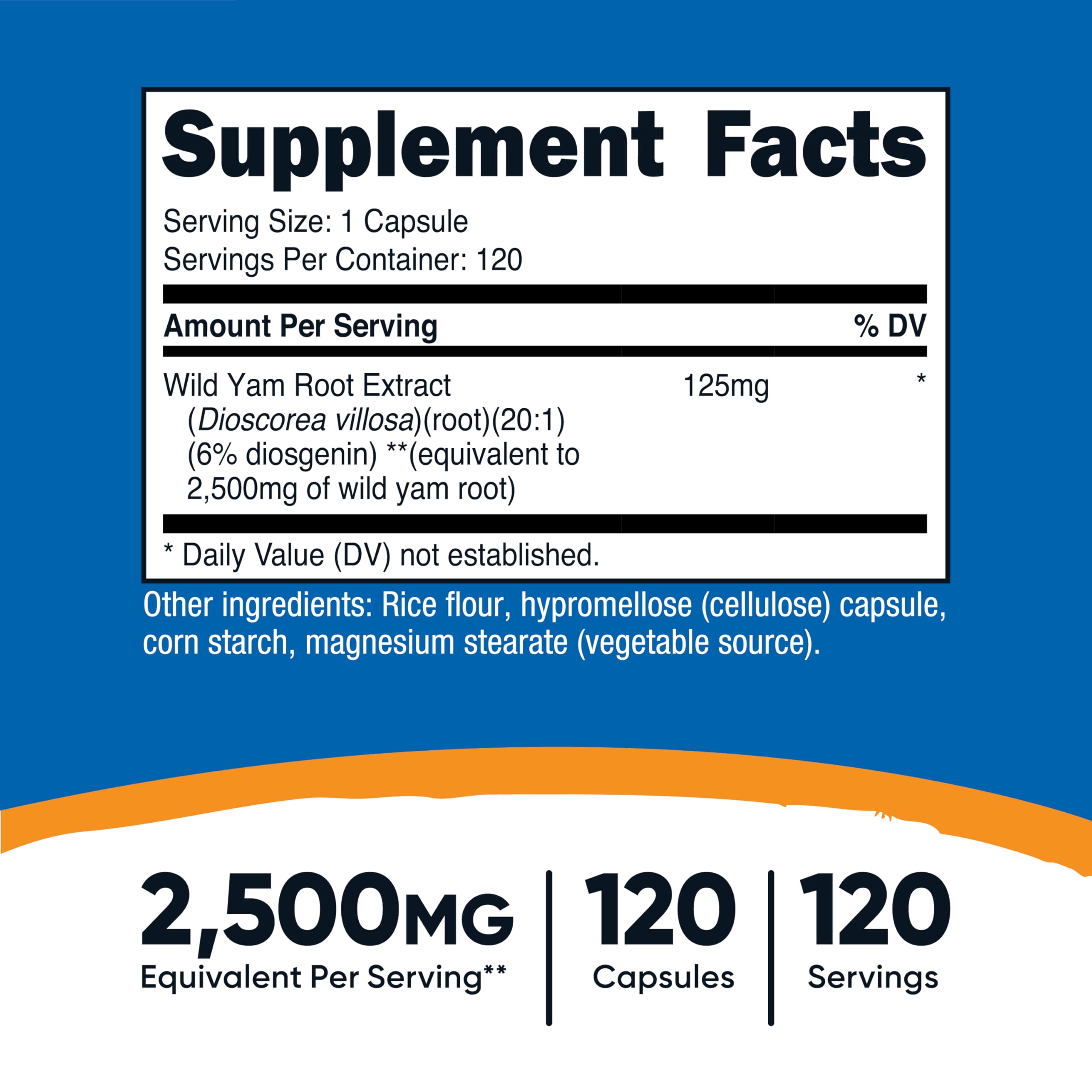 Close-up of Nutricost Wild Yam Root capsules highlighting 125 mg extract per capsule for daily use.