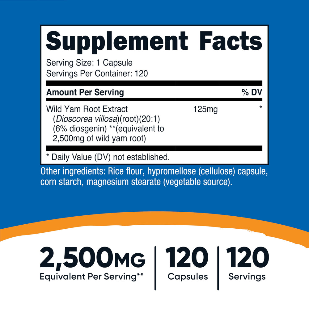Close-up of Nutricost Wild Yam Root capsules highlighting 125 mg extract per capsule for daily use.