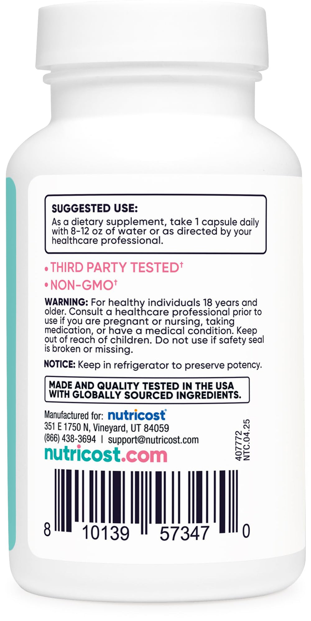 Nutricost Women Probiotic ingredients bottle featuring Acacia Fiber, Uva Ursi, Cranberry Extract