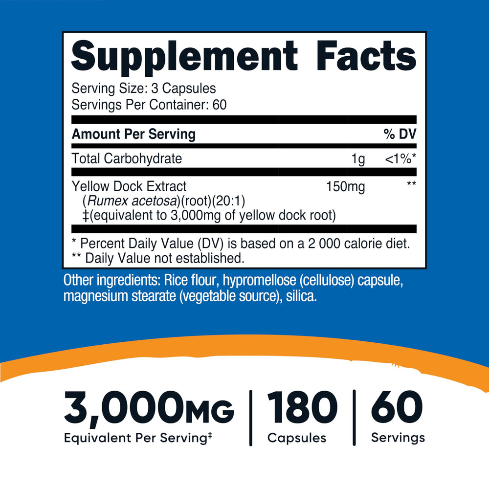 Nutricost Yellow Dock Extract capsules close-up with vegan gluten-free formula