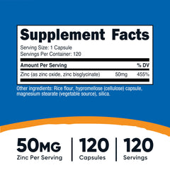 Nutricost Zinc Bisglycinate capsules close-up shows vegan, easy-to-swallow form.