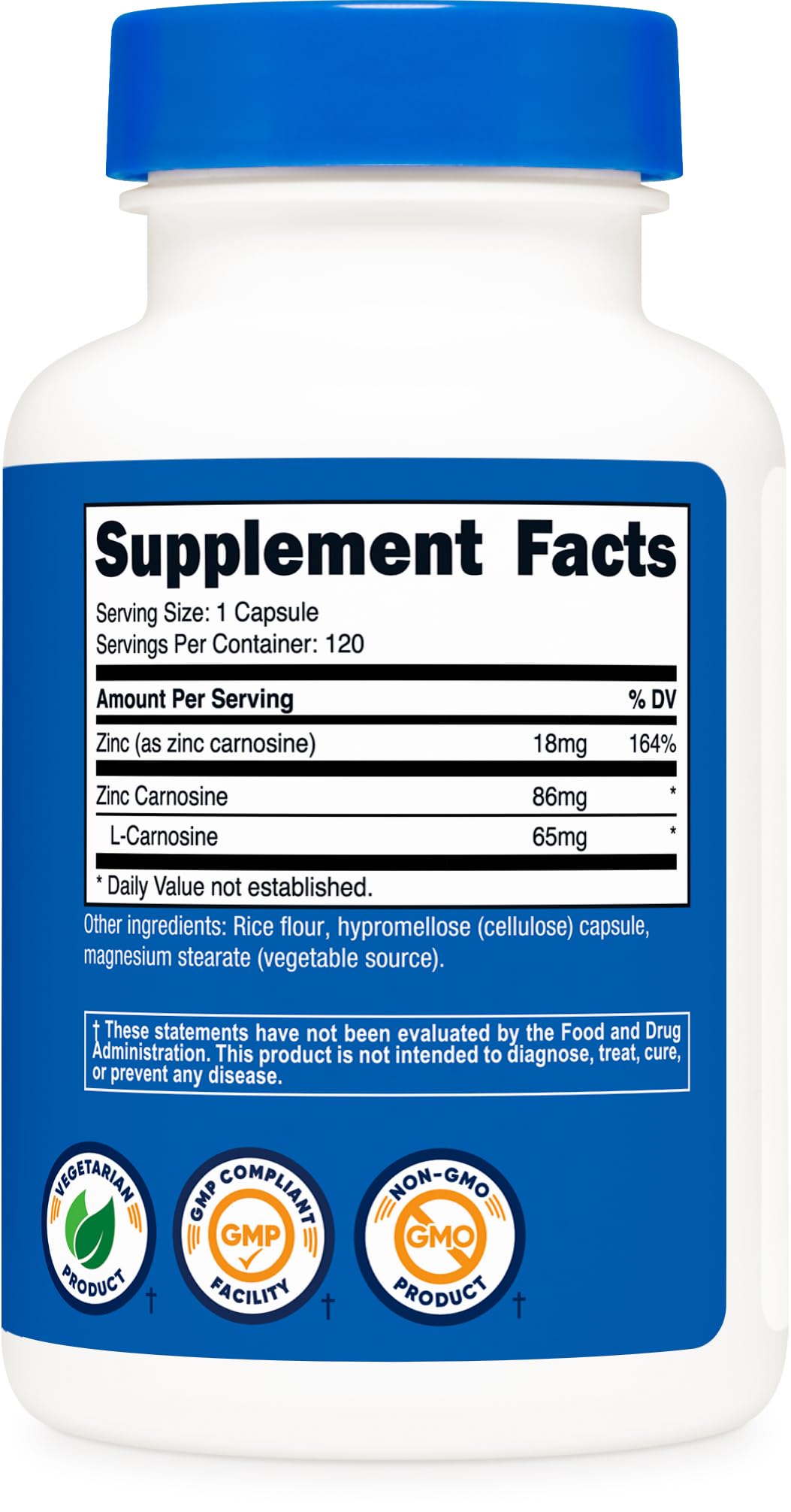 Nutricost Zinc Carnosine bottle held in hand for convenient daily dosing.