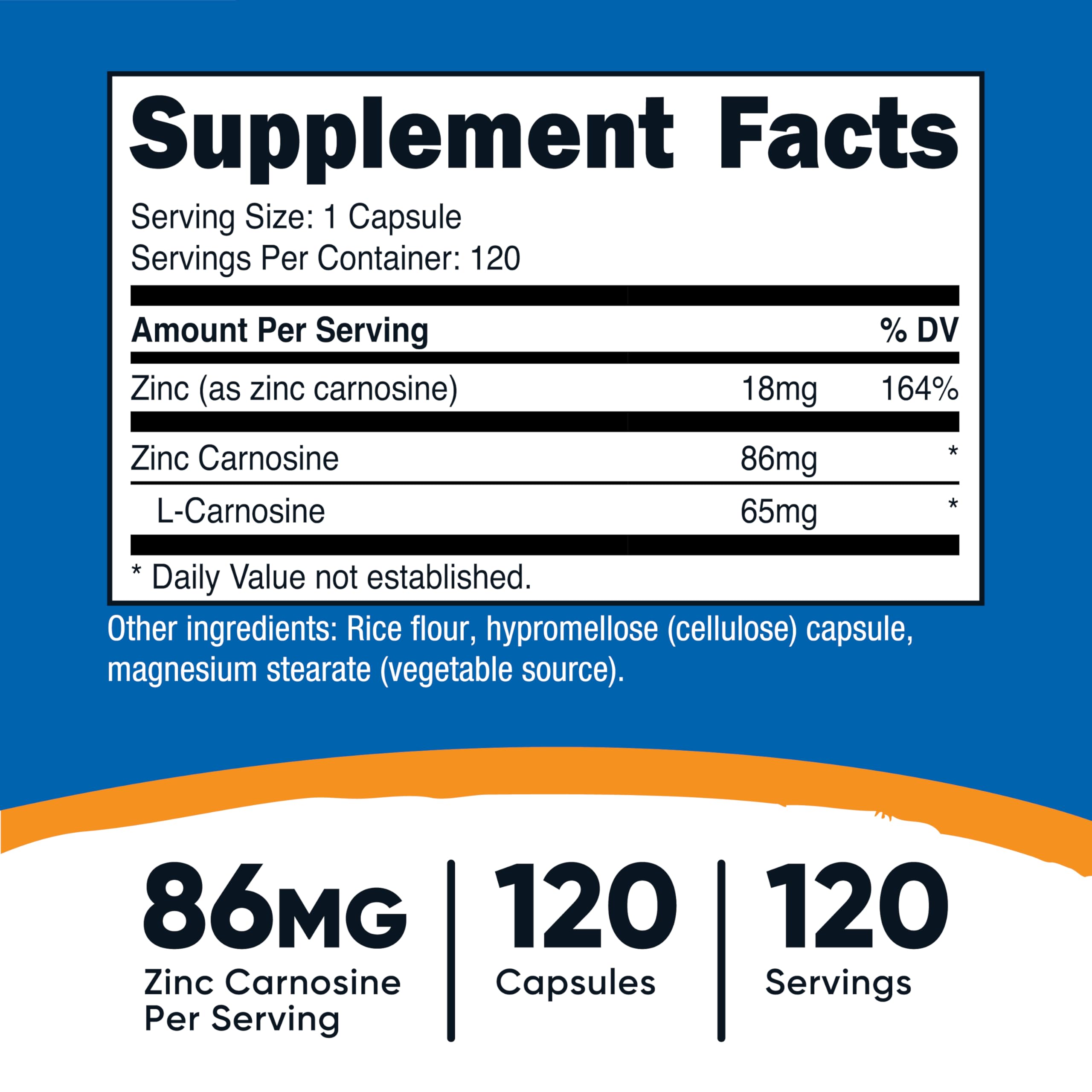 Nutricost Zinc Carnosine bottle label detail showing 86mg per serving.