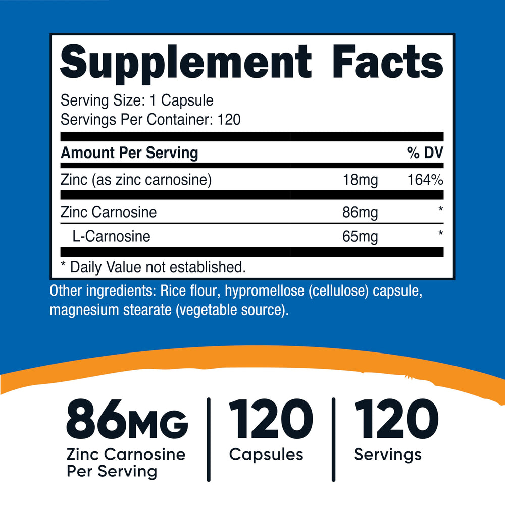 Nutricost Zinc Carnosine bottle label detail showing 86mg per serving.