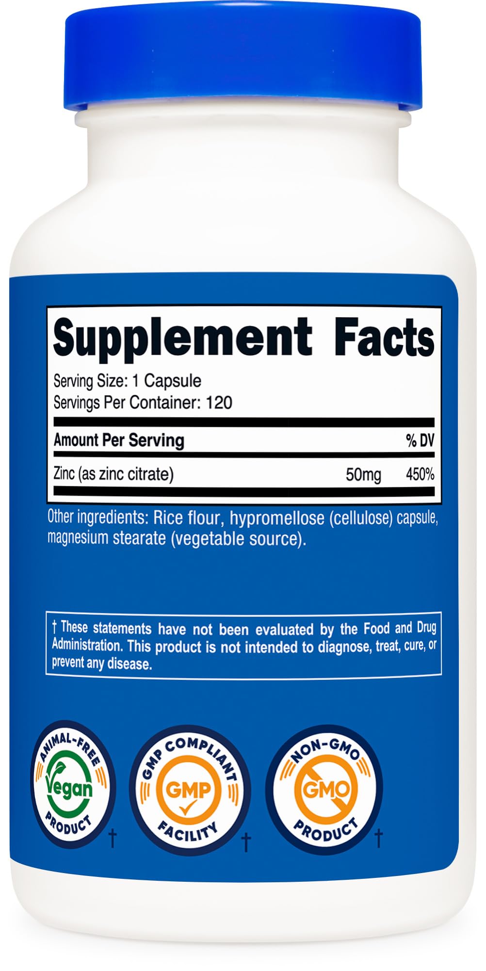 Nutricost Zinc Citrate bottle with capsules beside a glass.