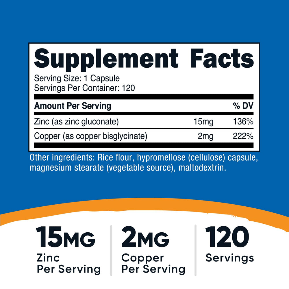 Nutricost cápsulas de zinc y cobre, etiqueta visible para verificar la dosis recomendada.