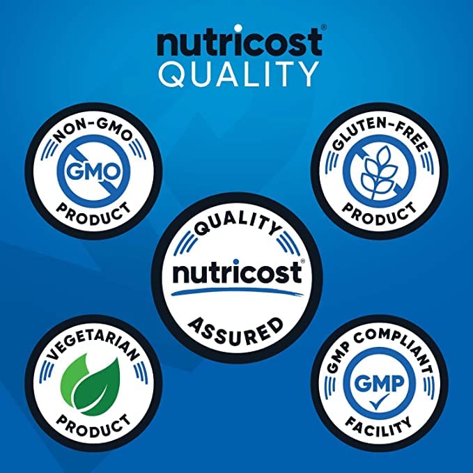 Nutricost Zinc Gluconate bottle front showing gluten-free and non-GMO features.