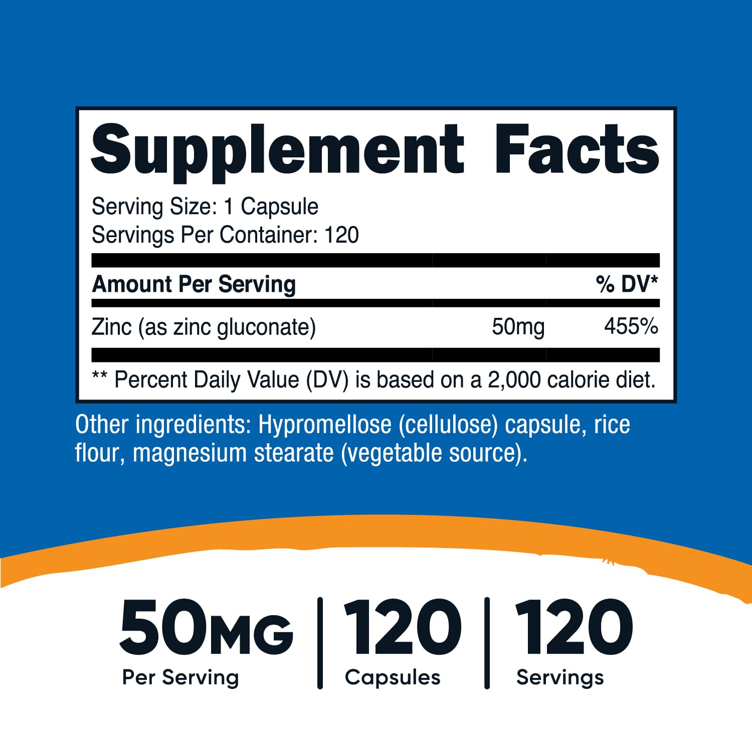 Close-up of the Nutricost Zinc Gluconate bottle label showing dosage and ingredients.