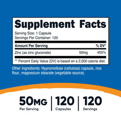 Close-up of the Nutricost Zinc Gluconate bottle label showing dosage and ingredients.