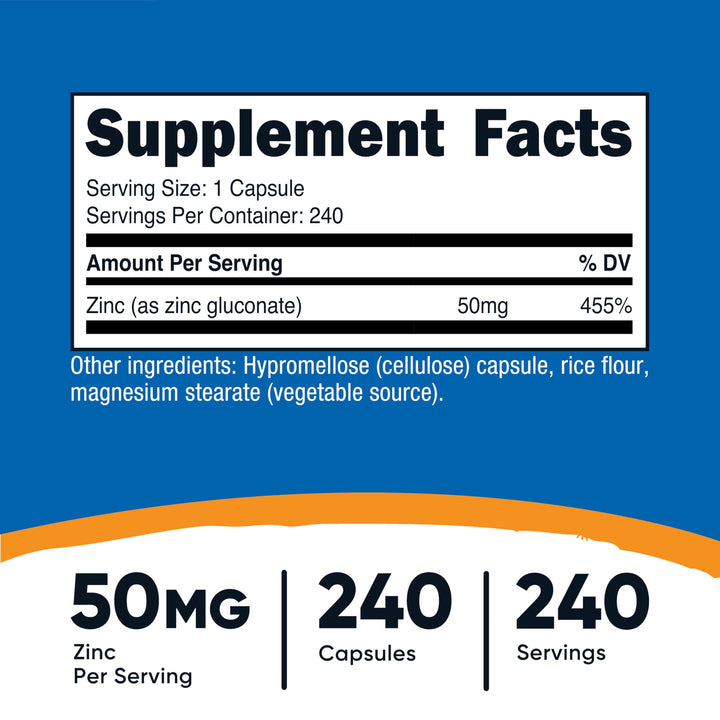 Close-up of Nutricost Zinc Gluconate capsules for daily use.