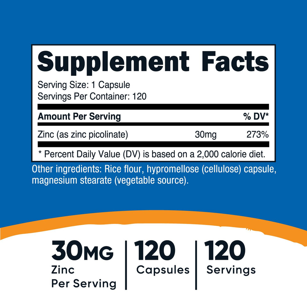 Nutricost Zinc Picolinate 30mg capsule closeup highlighting the capsules for daily use