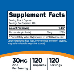 Nutricost Zinc Picolinate 30mg capsule closeup highlighting the capsules for daily use