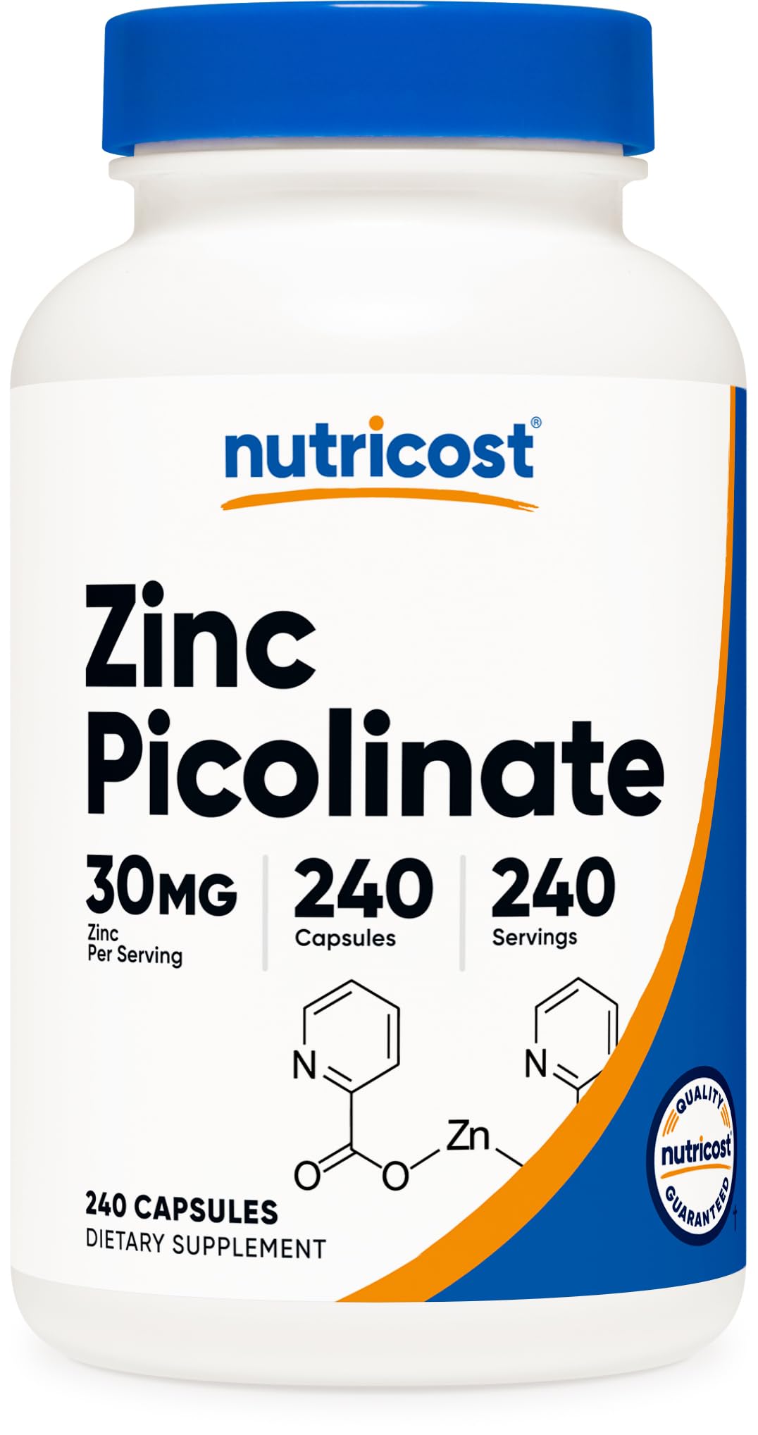 Nutricost Zinc Picolinate 30mg capsules bottle for daily zinc support, gluten-free and vegetarian.