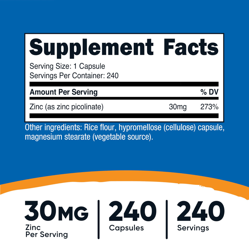Nutricost Zinc Picolinate 30mg capsules pour showing easy daily dosing for wellness.
