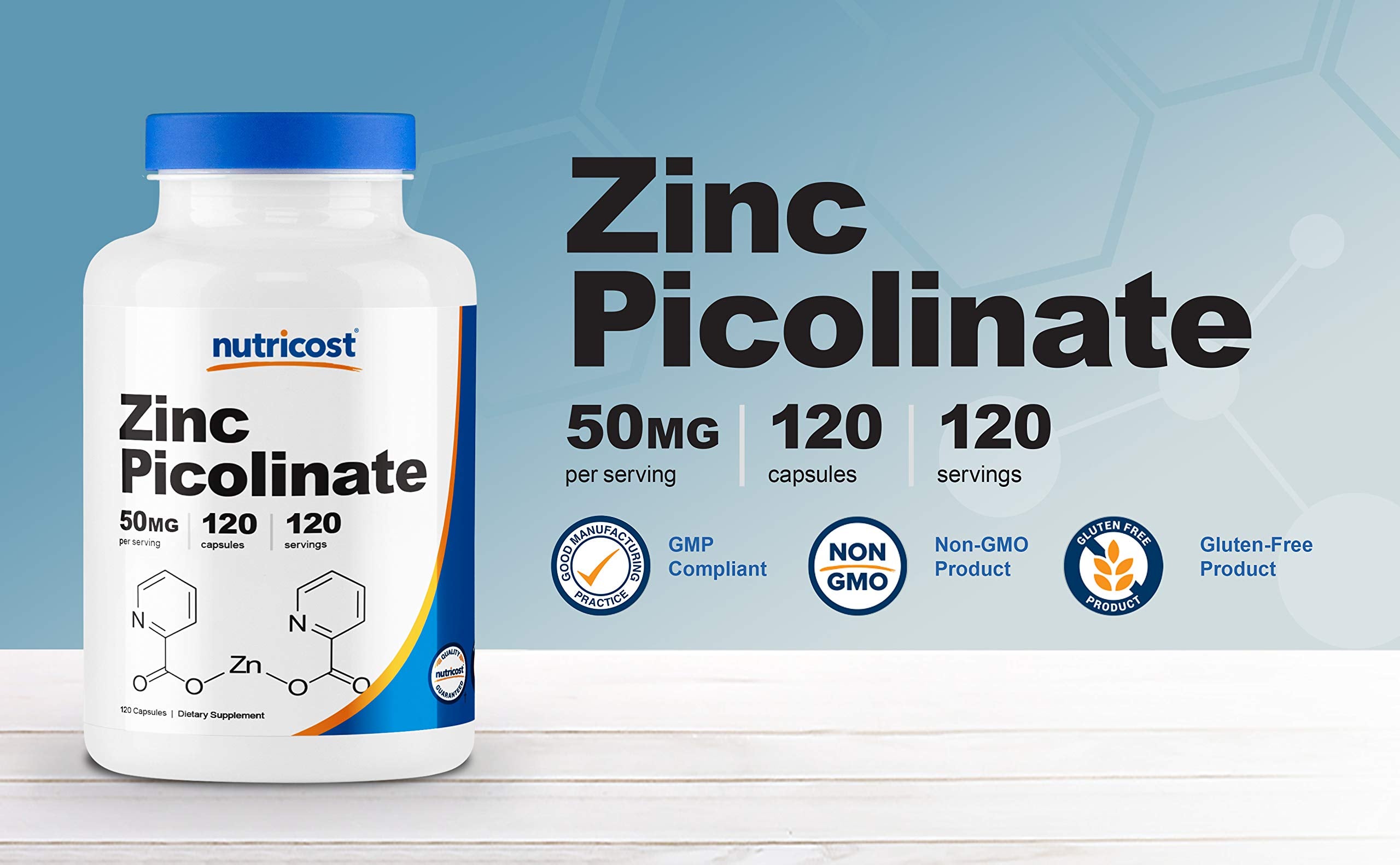 Nutricost Zinc Picolinate bottle side label showing 50 mg per serving.