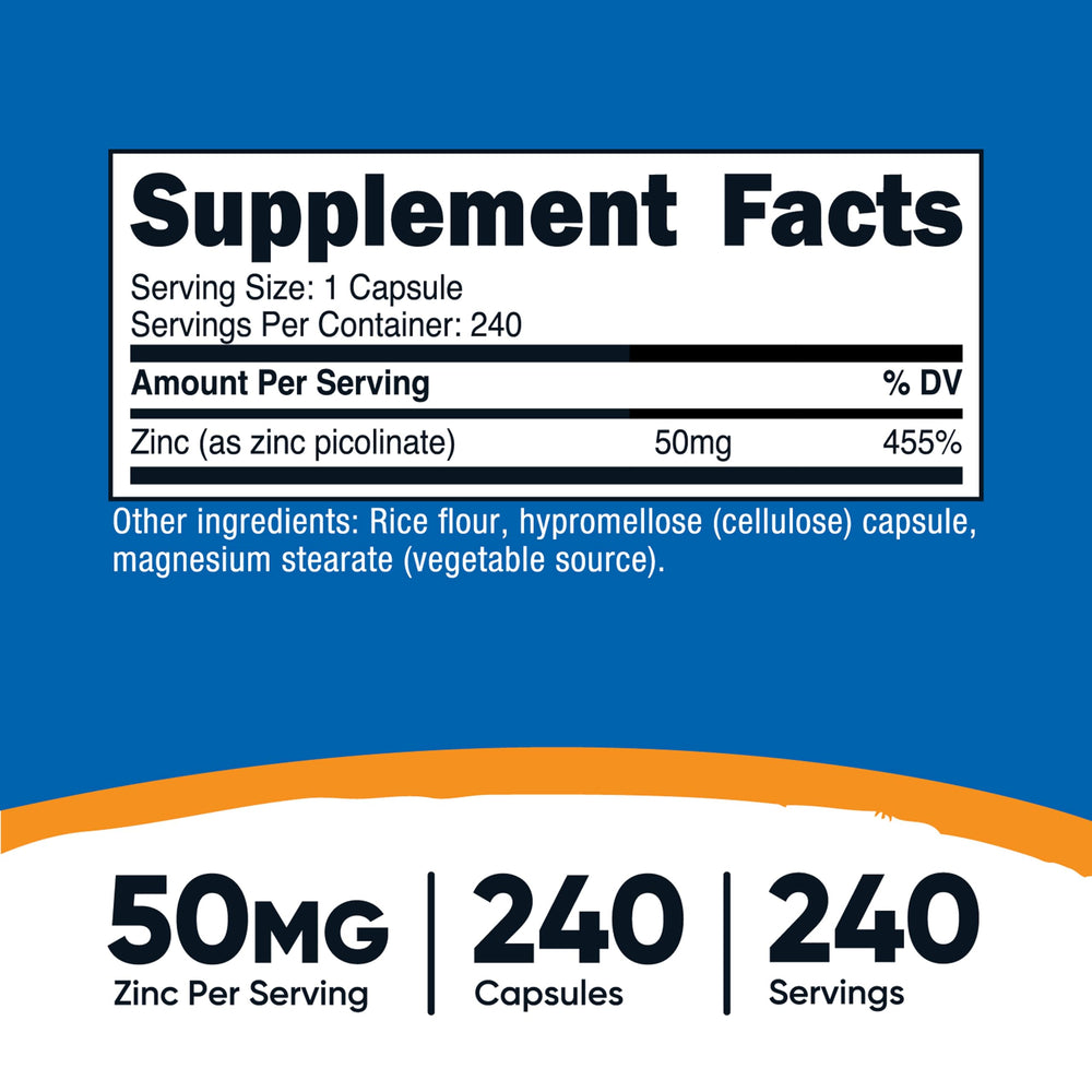 Nutricost Zinc Picolinate 50mg capsules close-up, easy-to-swallow vegetarian capsules