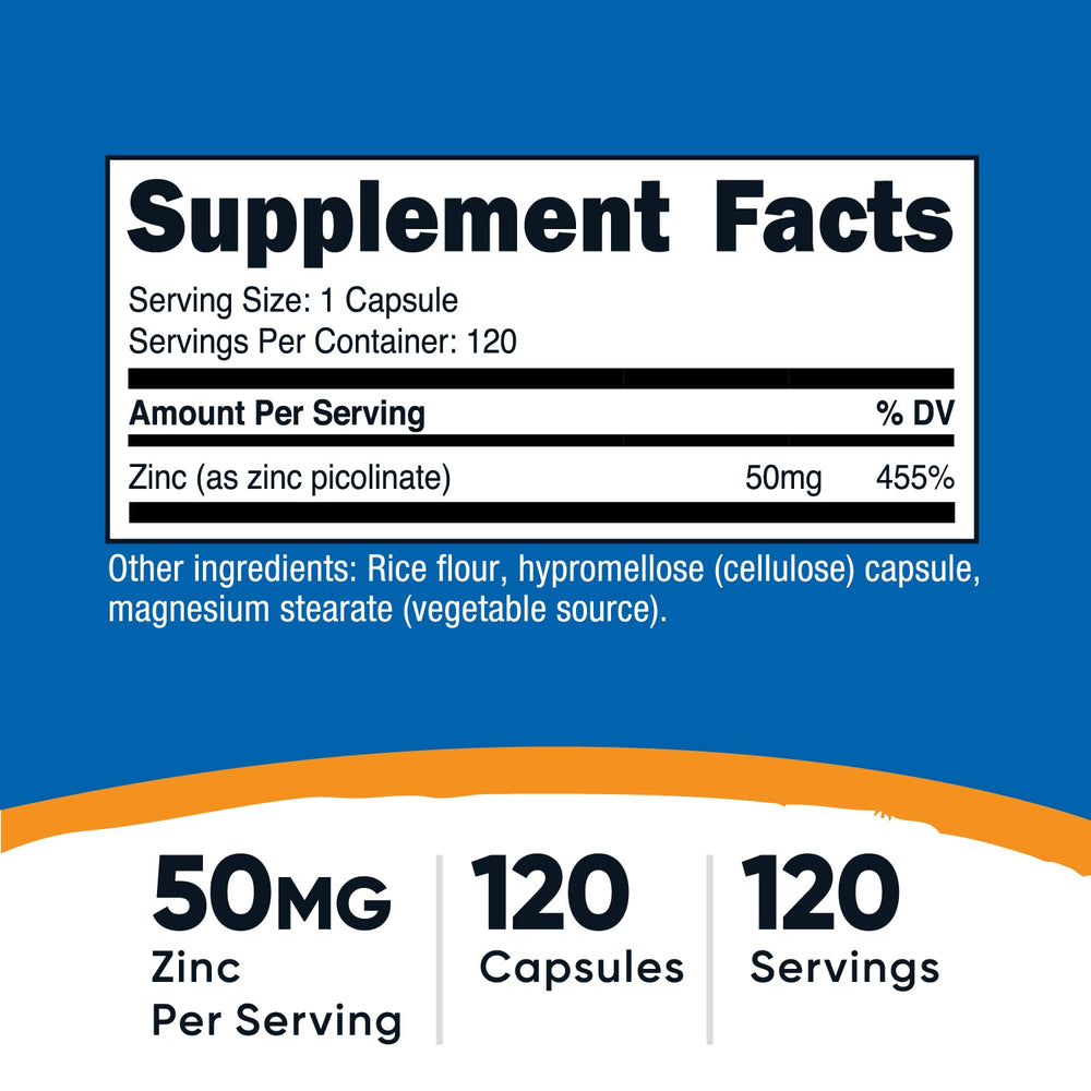 Nutricost Zinc Picolinate capsules close-up, easy to swallow.