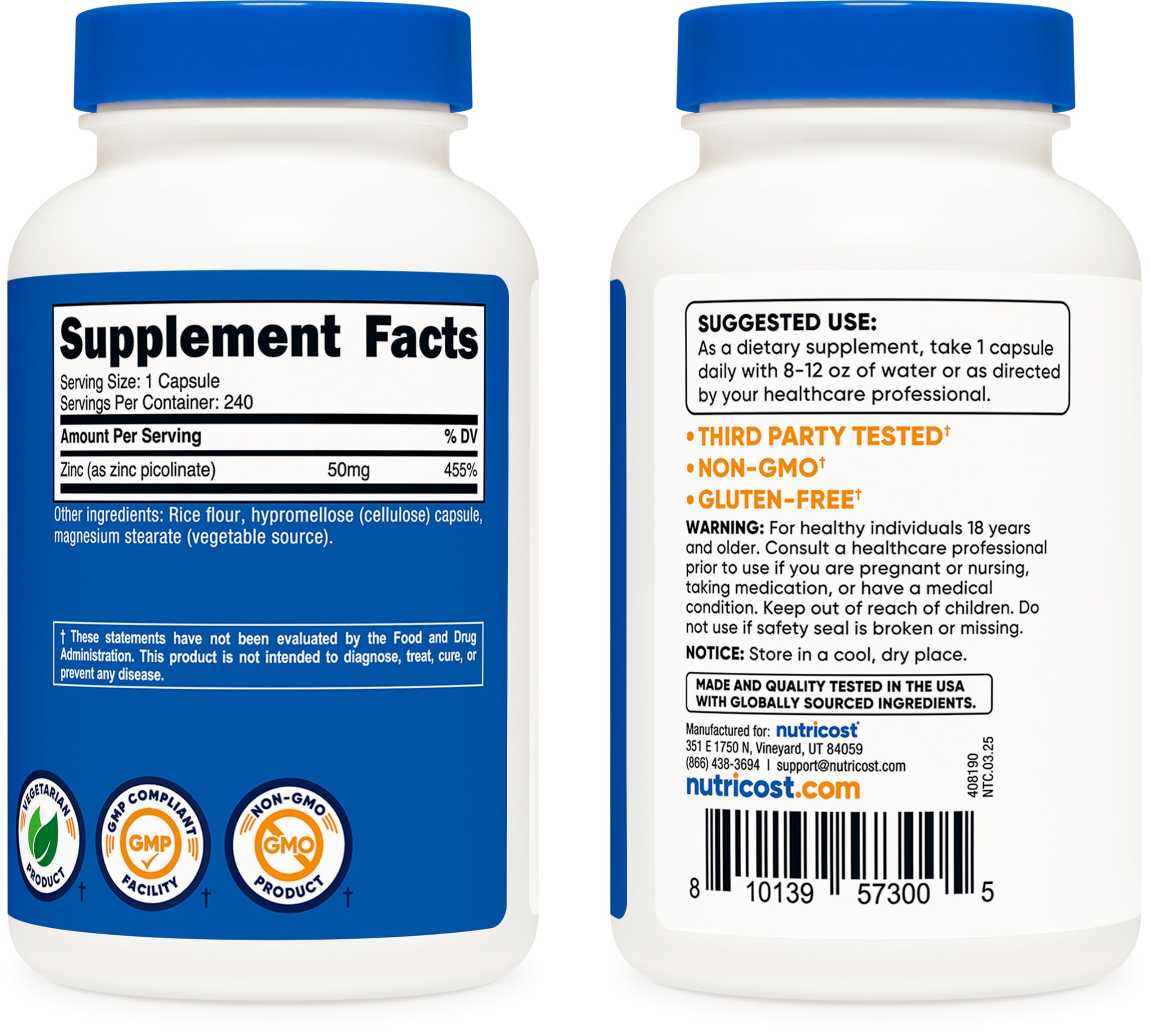 Nutricost Zinc Picolinate 50mg facility certifications, quality and compliance emphasis