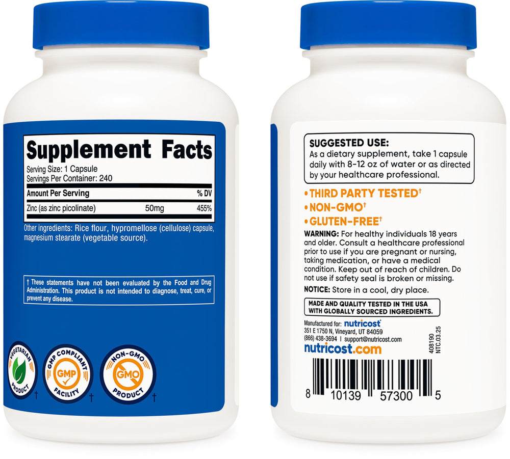Nutricost Zinc Picolinate 50mg facility certifications, quality and compliance emphasis