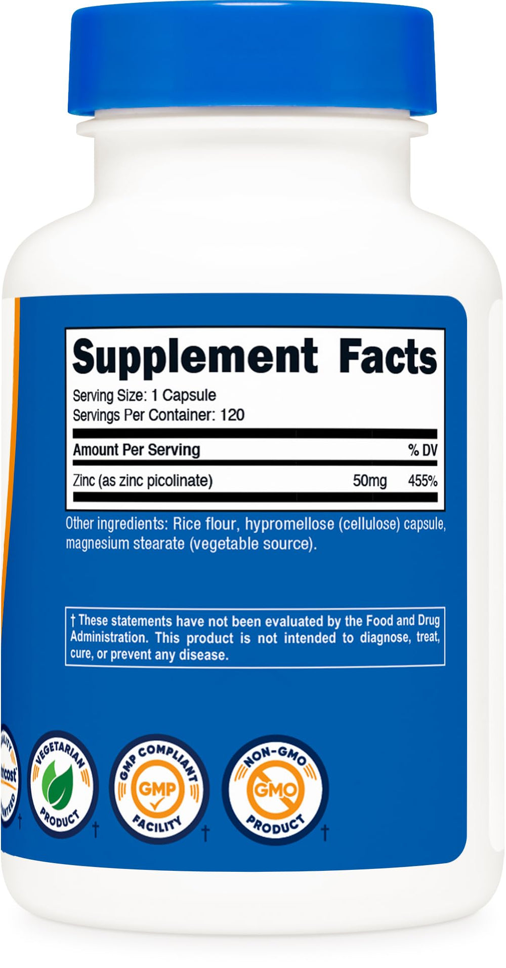 Nutricost Zinc Picolinate packaging highlights gluten-free and non-GMO.