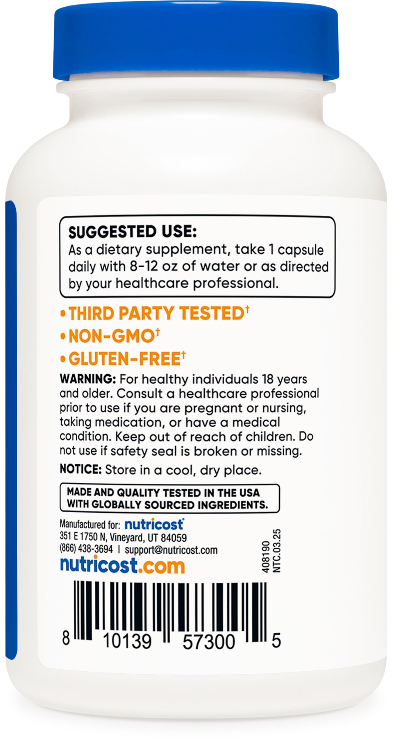 Nutricost Zinc Picolinate 50mg serving table, daily routine measurement shown