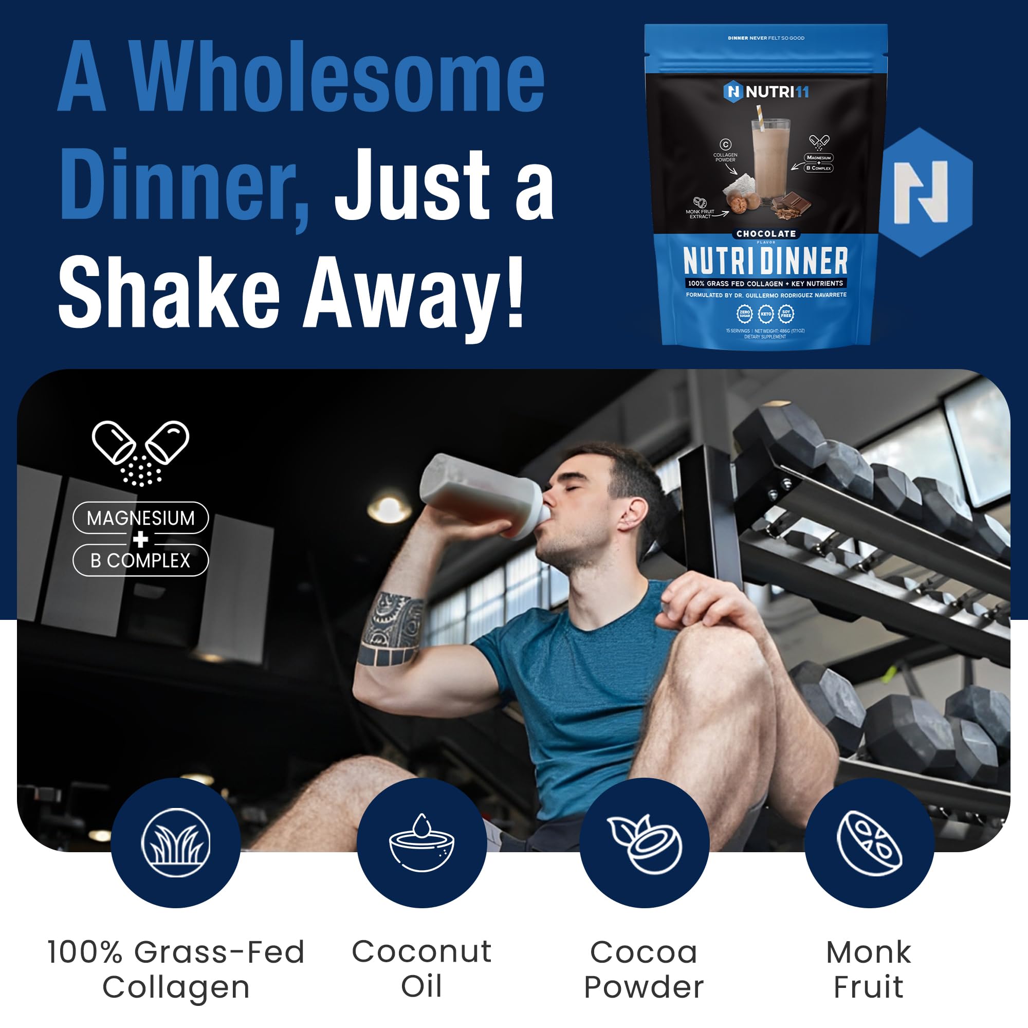 NutriDinner bottle-label graphic emphasizes clean nutrition and sugar-free formula.