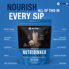 NutriDinner night shake glass emphasizing convenient evening nourishment.
