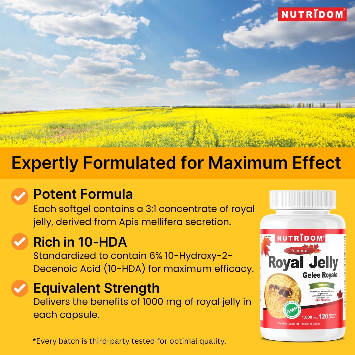 Close-up of Nutridom Royal Jelly softgels for convenient daily supplementation